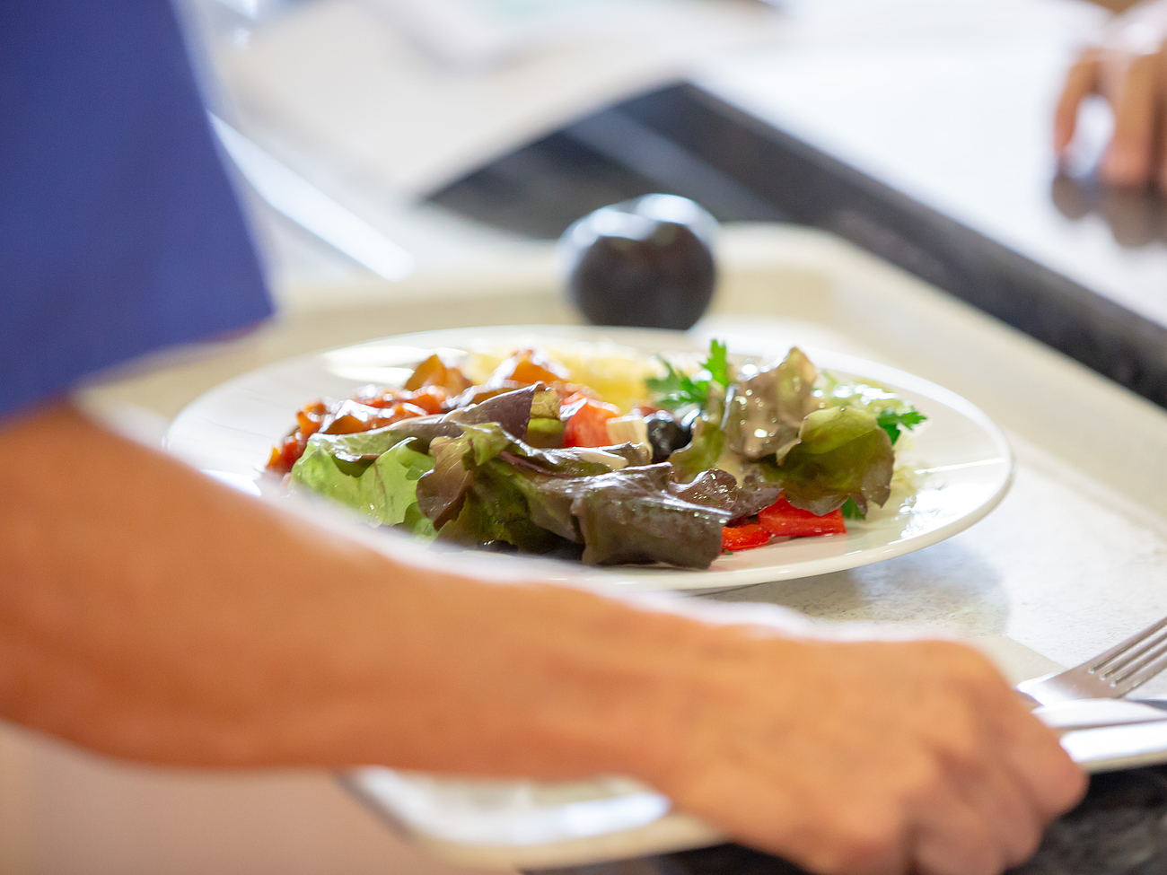 Ein Restaurantbesucher hat einen Teller mit Essen auf einem Tablett.