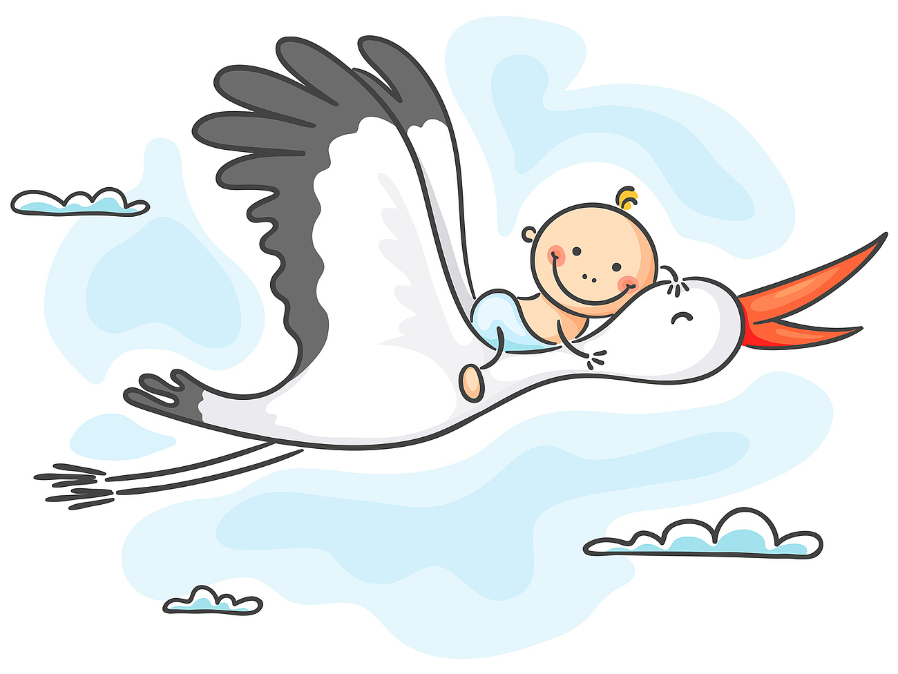 Zeichnung eines Babys, das auf einem Storch fliegt.